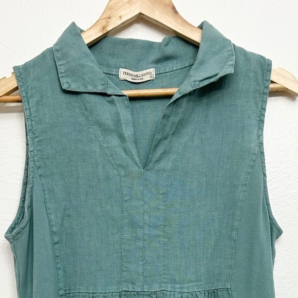 Terzo Millennio 100% Linen Sleeveless V-Neck Blue Green Knee Length Dress Sz Lrg - Picture 3 of 9